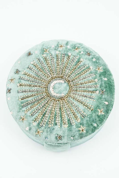 Boîte à bijoux ronde décorée, vert olive/or/multicolore, 13,75 cm