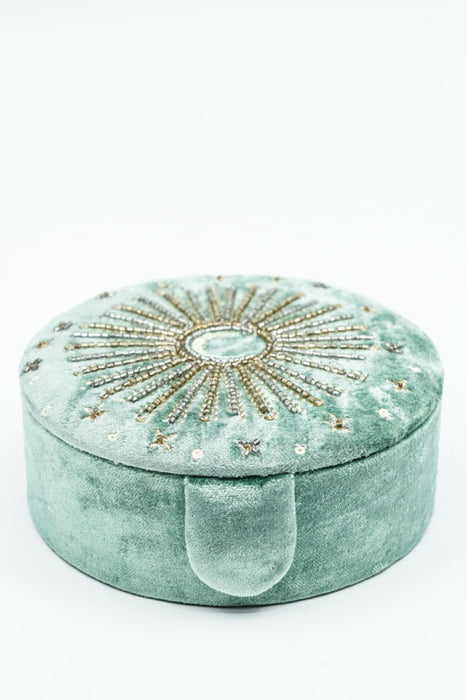 Boîte à bijoux ronde décorée, vert olive/or/multicolore, 13,75 cm