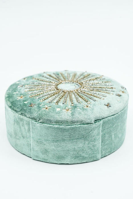 Boîte à bijoux ronde décorée, vert olive/or/multicolore, 13,75 cm