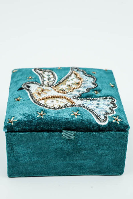Boîte à bijoux oiseau bleu/or/multicolore 10x10 cm