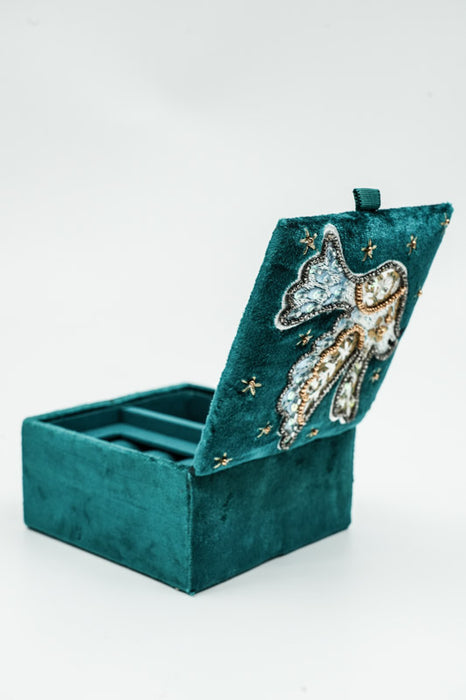 Boîte à bijoux oiseau bleu/or/multicolore 10x10 cm