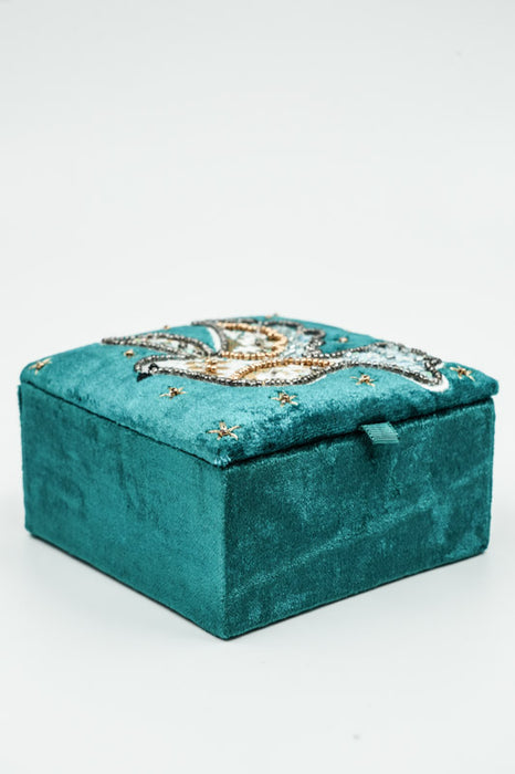 Boîte à bijoux oiseau bleu/or/multicolore 10x10 cm