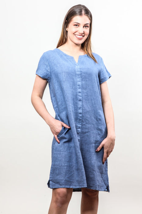 Robe en lin à manches courtes bleu denim - Taille unique