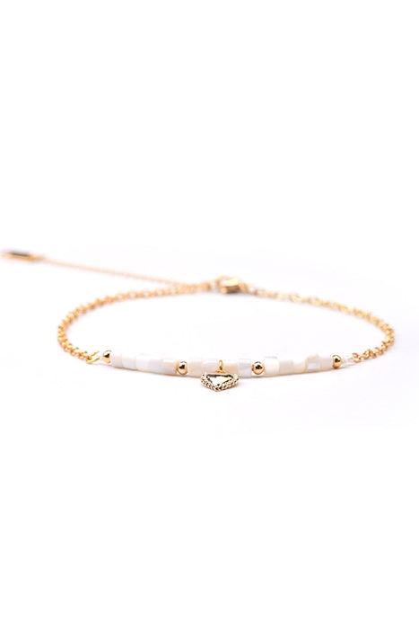 Fusskette 3mm Perlmutt mit Anhänger Herz, weiss/goldfarben, 23+5cm