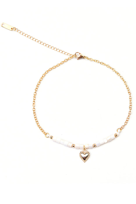 Fusskette 3mm Perlmutt mit Anhänger Herz, weiss/goldfarben, 23+5cm