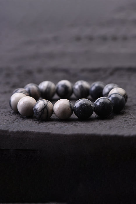 Bracelet homme 12 mm jaspe Picasso noir, 21 cm