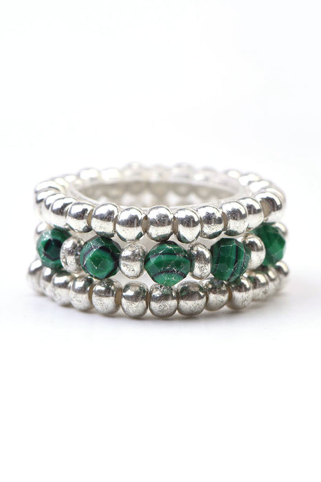 Ring 3-fold 3mm faceted malachite, dark green/silver-colored