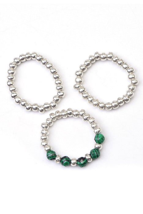 Ring 3-fold 3mm faceted malachite, dark green/silver-colored