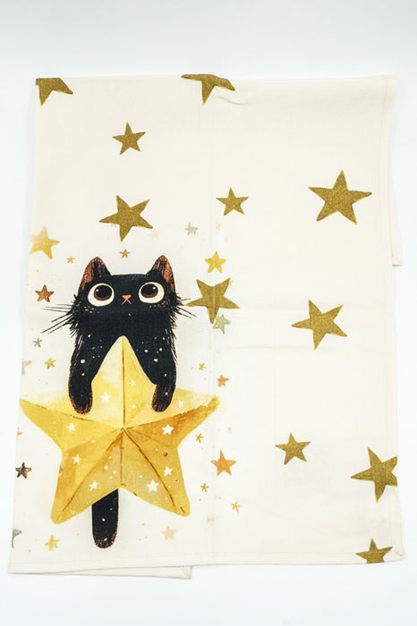 Torchon de cuisine en coton avec chat et étoiles, 50 x 70 cm