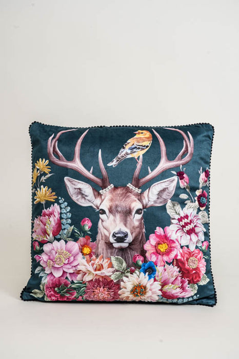 Coussin en velours avec cerf brodé, 45x45cm