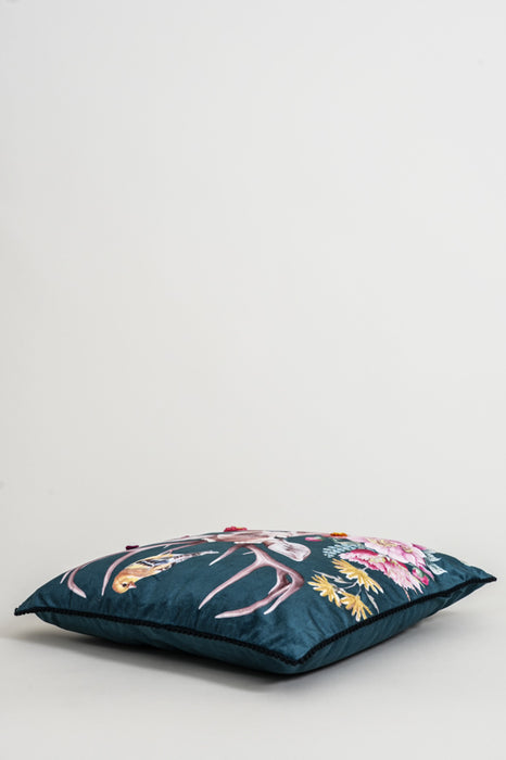 Coussin en velours avec cerf brodé, 45x45cm