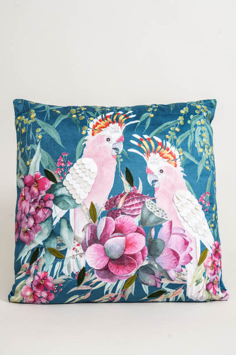 Coussin en velours brodé de 2 cacatoès, 45x45cm