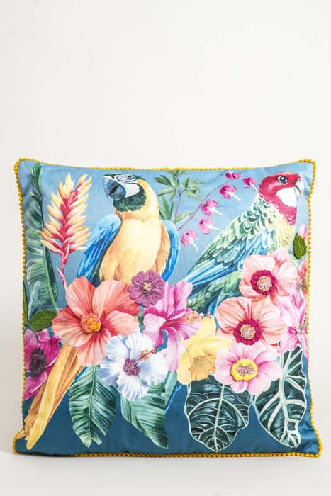 Coussin en velours avec perroquet brodé, 45x45cm