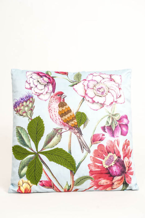 Coussin en velours brodé de fleurs et d'oiseaux, 45 x 45 cm