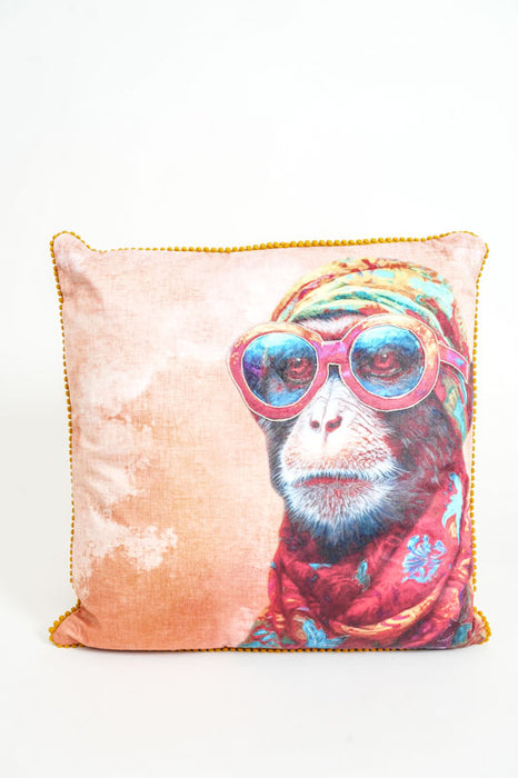 Coussin en velours brodé d'un singe portant des lunettes de soleil, 45 x 45 cm
