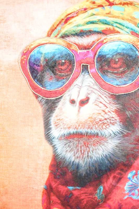Coussin en velours brodé d'un singe portant des lunettes de soleil, 45 x 45 cm