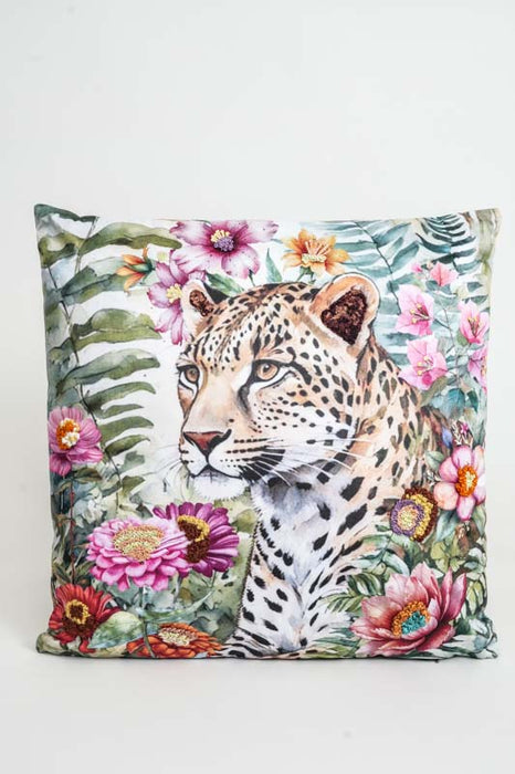 Velvet cushion with leopard embroidery, 45x45cm