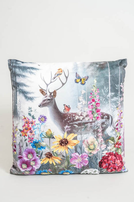 Coussin en velours à motif de cerf brodé, 45 x 45 cm