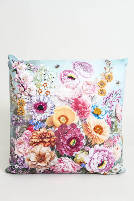 Coussin en velours à motif de prairie fleurie brodée, 45 x 45 cm