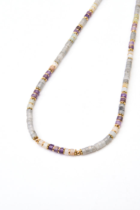 Collier bleu amazonite / labradorite / améthyste, 45+5cm