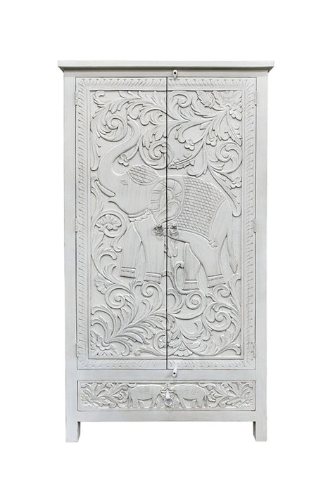 Armoire en bois de manguier Almirah avec 2 portes, 1 tiroir, fleurs et éléphant 98x40x185cm
