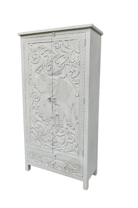 Armoire en bois de manguier Almirah avec 2 portes, 1 tiroir, fleurs et éléphant 98x40x185cm