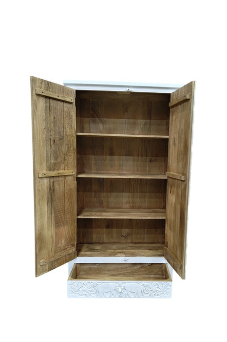 Armoire en bois de manguier Almirah avec 2 portes, 1 tiroir, fleurs et éléphant 98x40x185cm