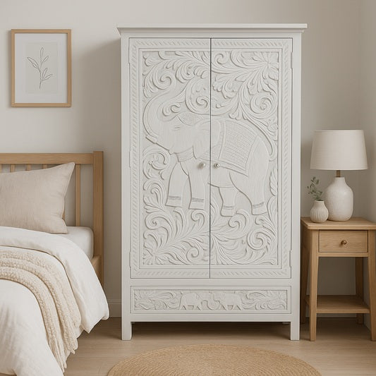 Armoire en bois de manguier Almirah avec 2 portes, 1 tiroir, fleurs et éléphant 98x40x185cm