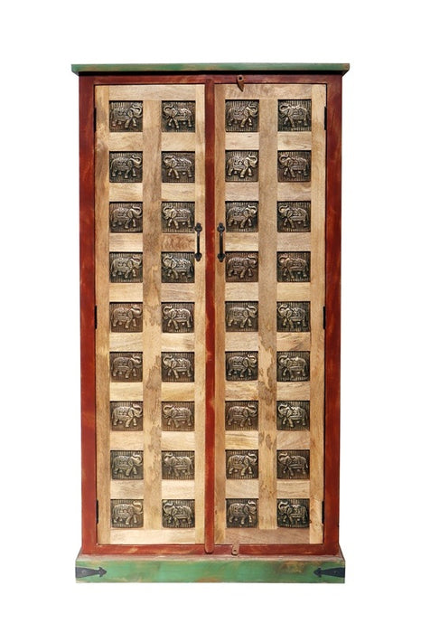 Schrank Almirah Mangoholz 2 Türen mit Elephanten 90x40x180cm