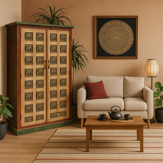 Schrank Almirah Mangoholz 2 Türen mit Elephanten 90x40x180cm