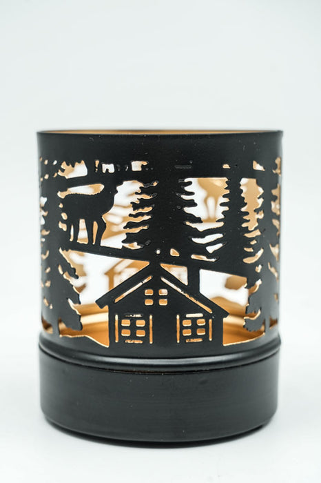 Lanterne forêt d'hiver avec maison et cerf noir/or 9x10 cm