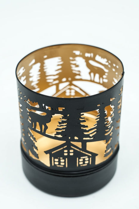 Lanterne forêt d'hiver avec maison et cerf noir/or 9x10 cm