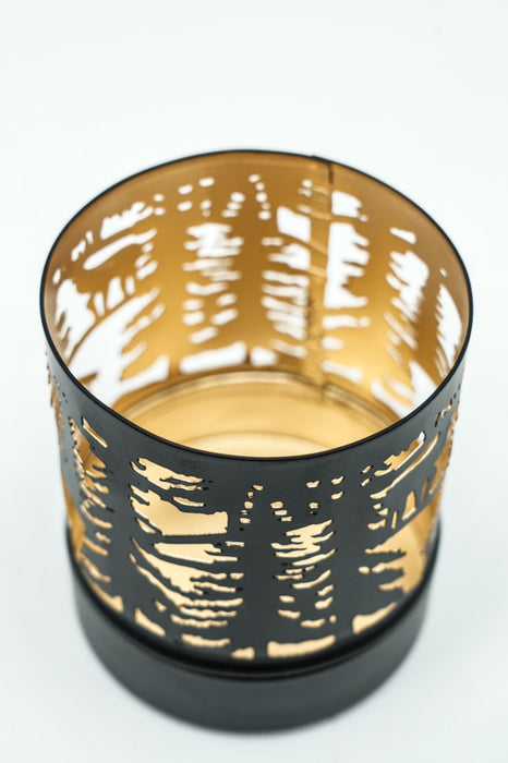 Lanterne forêt d'hiver avec maison et cerf noir/or 9x10 cm