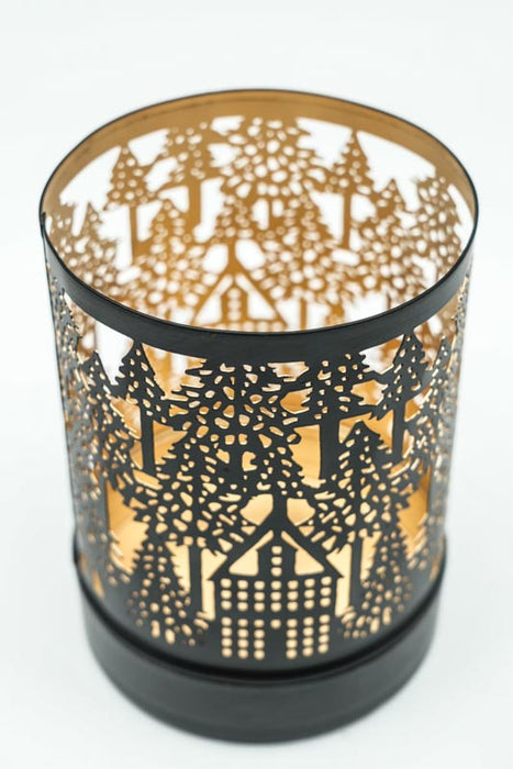 Lantern winter forest with house black / gold 10x14 cm