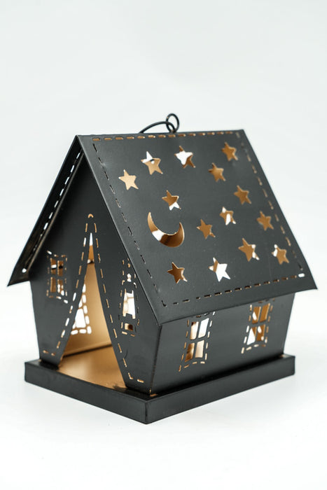 Lanterne maison avec étoiles et lune noir/or 14x13x17 cm