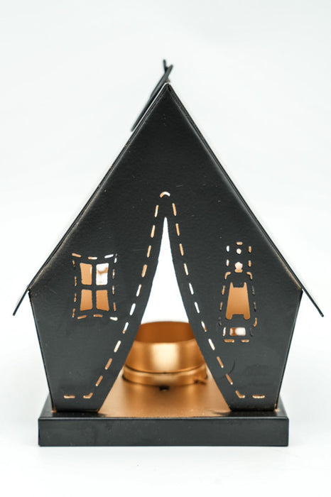 Lanterne maison avec étoiles et lune noir/or 14x13x17 cm