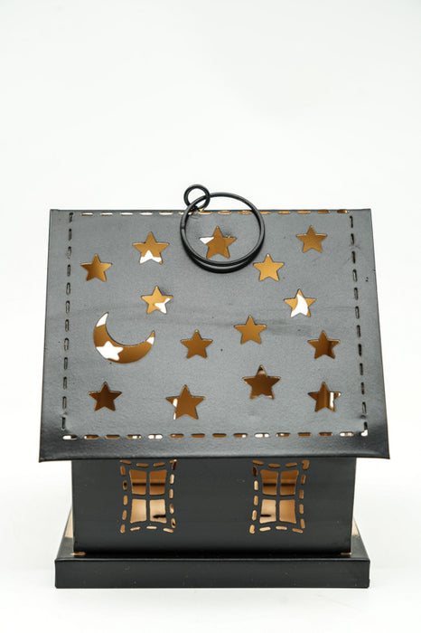 Lanterne maison avec étoiles et lune noir/or 14x13x17 cm