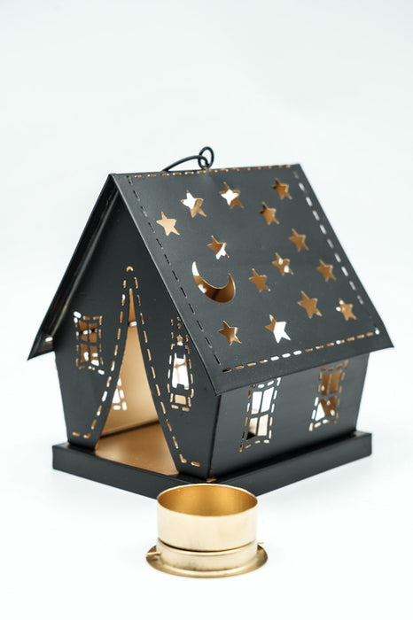 Lanterne maison avec étoiles et lune noir/or 14x13x17 cm