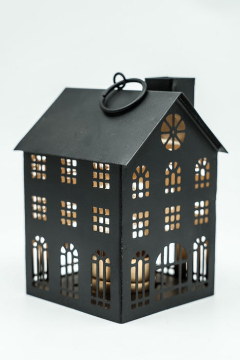 Lanterne maison noire/dorée 9x8x13 cm