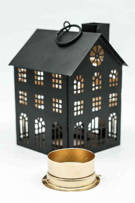 Lanterne maison noire/dorée 9x8x13 cm
