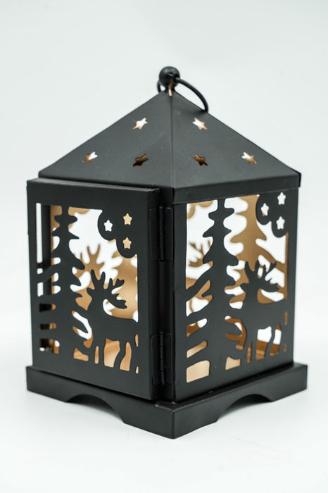 Laterne Baum & Hirsch schwarz / goldfarben 11x11x18 cm