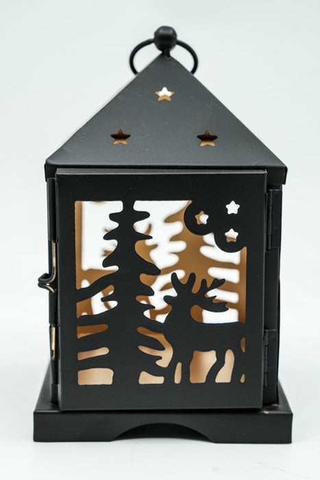 Laterne Baum & Hirsch schwarz / goldfarben 11x11x18 cm