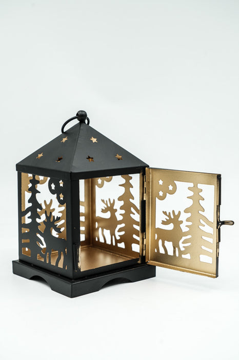 Laterne Baum & Hirsch schwarz / goldfarben 11x11x18 cm