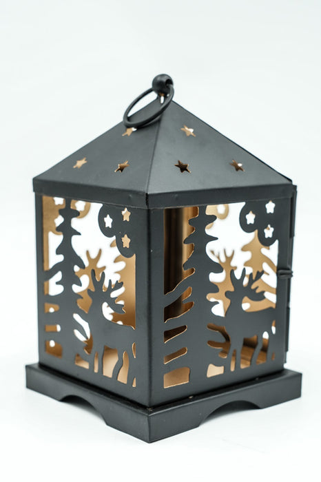 Laterne Baum & Hirsch schwarz / goldfarben 11x11x18 cm