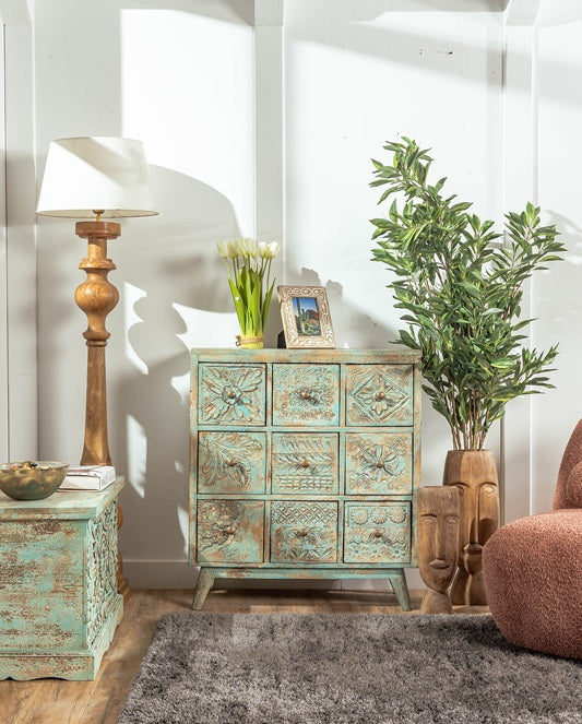 Commode en bois de manguier avec 9 tiroirs, 76 x 33 x 87 cm