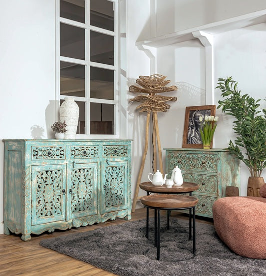 Buffet en bois de manguier 3 tiroirs 3 portes 135x42x90cm