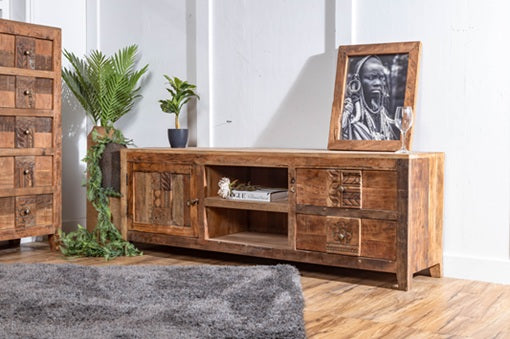 TV cabinet carved from recycled mango wood 166x40x56cm