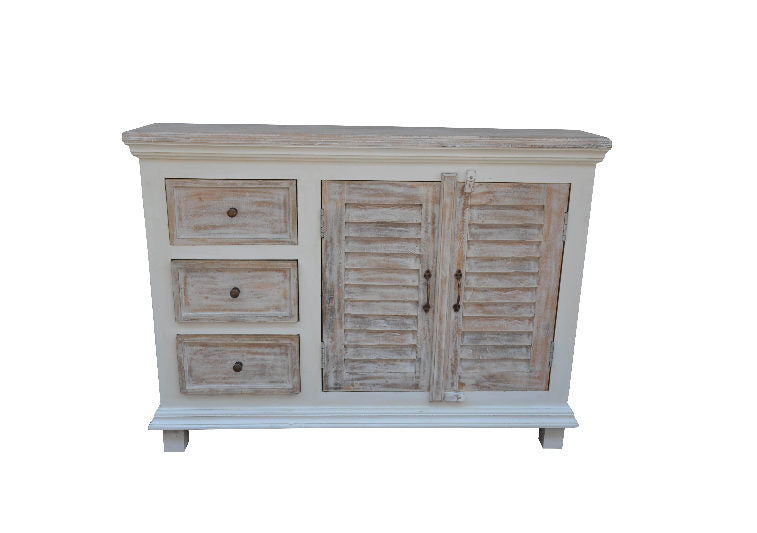 Commode en bois de manguier avec 3 tiroirs et 2 portes, 122 x 26 x 92 cm