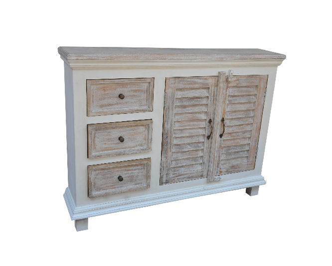 Commode en bois de manguier avec 3 tiroirs et 2 portes, 122 x 26 x 92 cm
