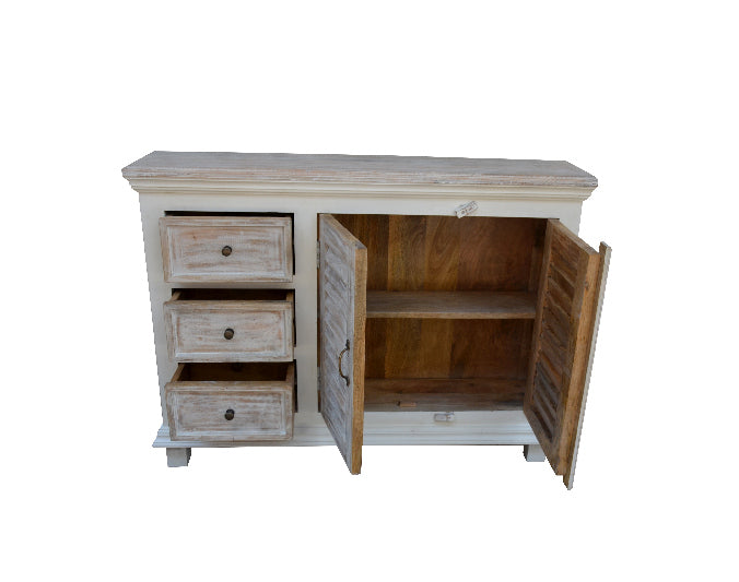 Commode en bois de manguier avec 3 tiroirs et 2 portes, 122 x 26 x 92 cm